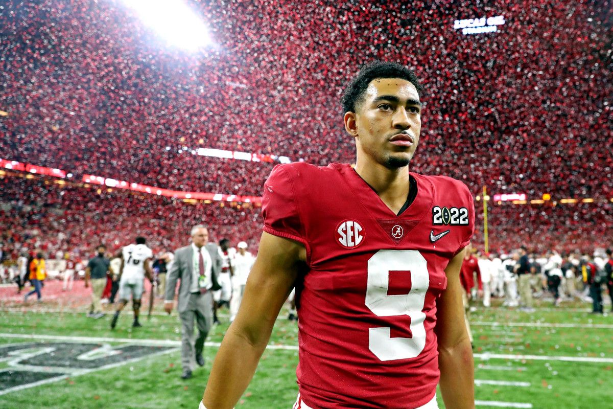 Alabama quarterback Bryce Young (9) reacts after the Crimson Tide got beat by Georgia in the 2022 CFP college football national championship game at Lucas Oil Stadium.