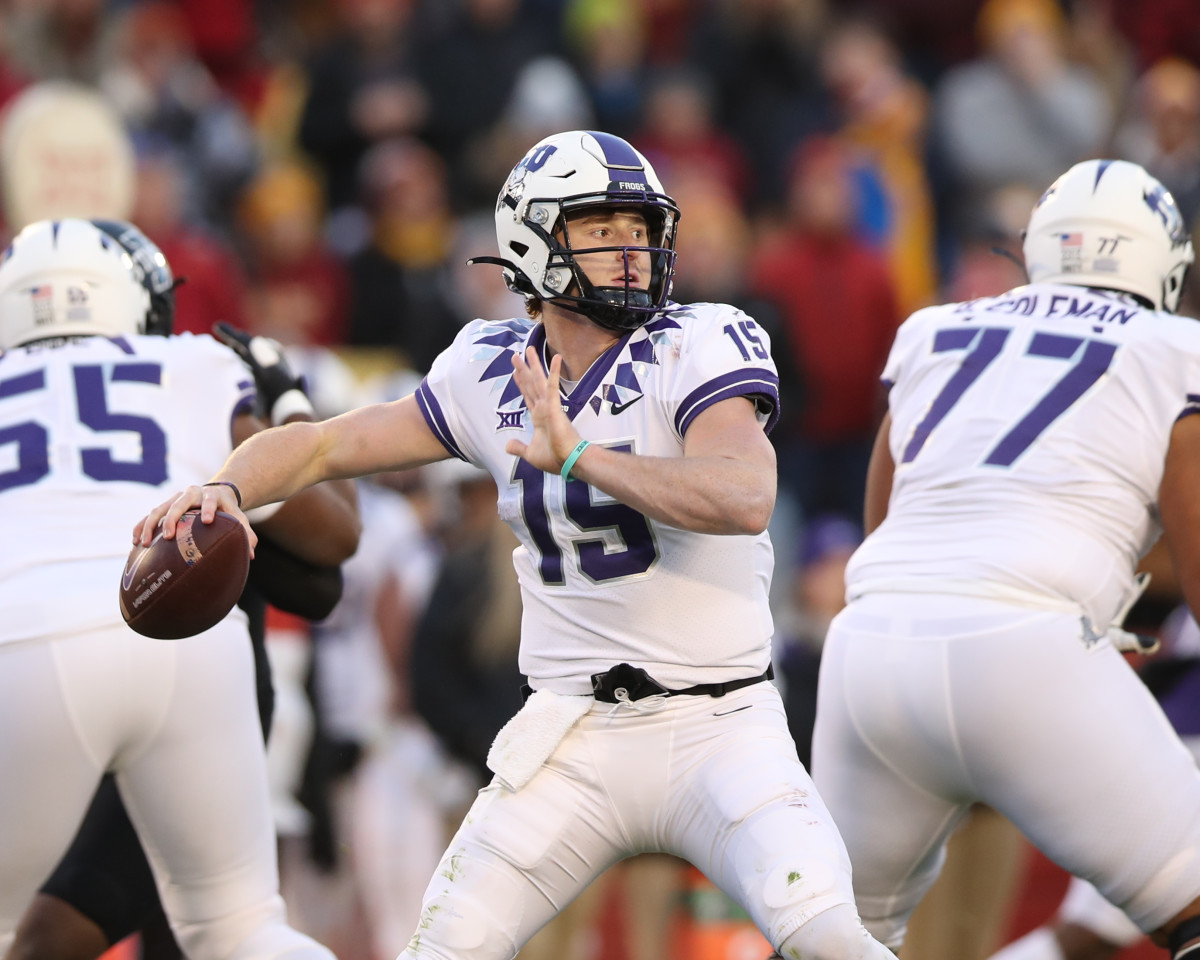 Nov 26, 2021; Ames, Iowa, USA; DUPLICATE***TCU Horned Frogs quarterback Max Duggan (15)***TCU Horned Frogs safety Josh Foster (15) throws a pass against the Iowa State Cyclones at Jack Trice Stadium. Mandatory Credit: Reese Strickland-USA TODAY Sports