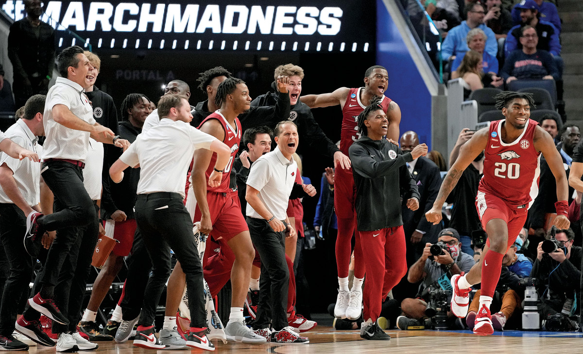 The Arkansas Razorbacks celebrate after their win over the Gonzaga Bulldogs during the second half in the semifinals of the West regional of the men's college basketball NCAA Tournament at Chase Center in San Francisco.