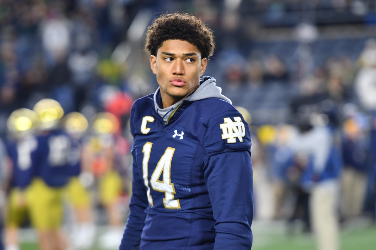 Oct 30, 2021; South Bend, Indiana, USA; Notre Dame Fighting Irish safety Kyle Hamilton (14) watches warm ups before the game against the North Carolina Tar Heels at Notre Dame Stadium.