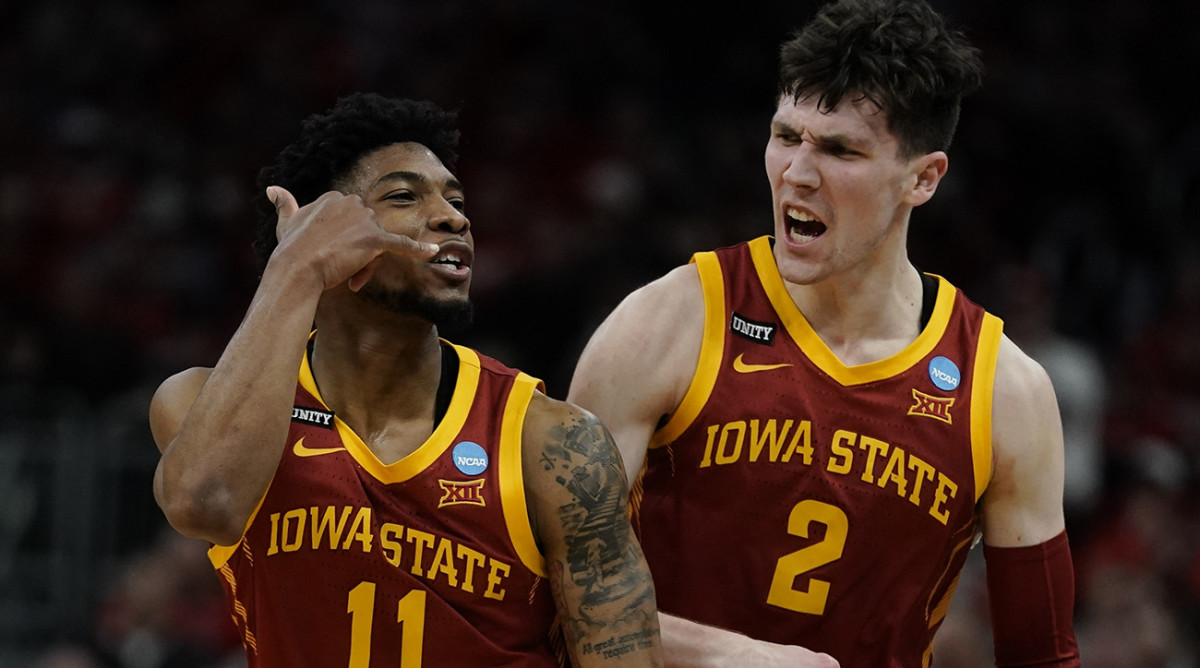 Iowa State's Tyrese Hunter and Caleb Grill celebrate during the second half of a first-round NCAA college basketball tournament game against LSU.