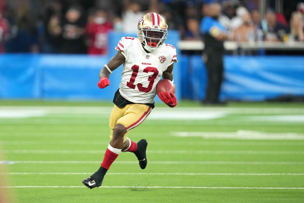 Aug 22, 2021; Inglewood, California, USA; San Francisco 49ers receiver Richie James (13) carries the ball against the Los Angeles Chargers in the second half at SoFi Stadium.