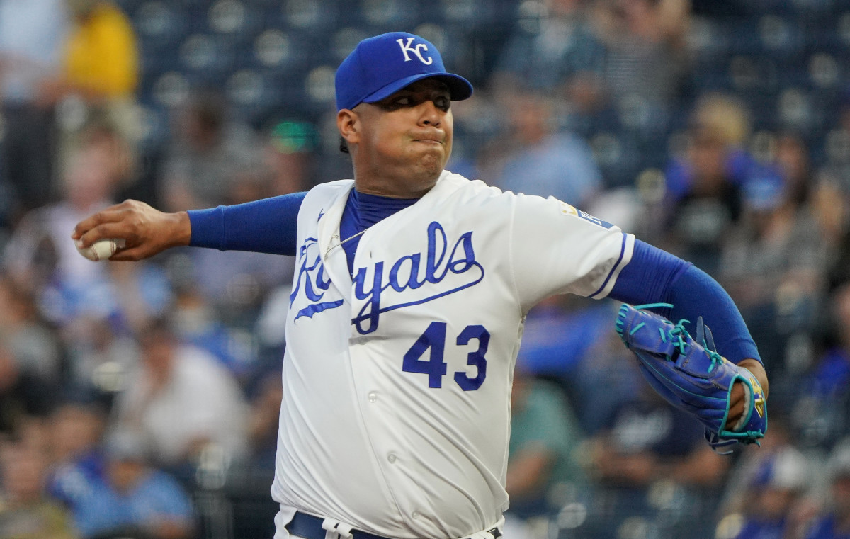 Sep 15, 2021; Kansas City, Missouri, USA; Kansas City Royals relief pitcher Carlos Hernandez (43) delivers against the Oakland Athletics in the first inning at Kauffman Stadium. Mandatory Credit: Denny Medley-USA TODAY Sports