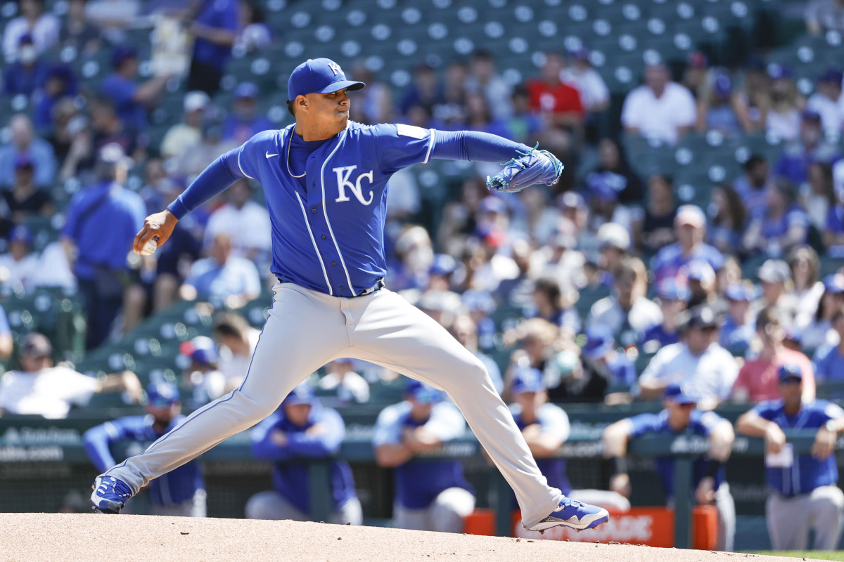 Aug 22, 2021; Chicago, Illinois, USA; Kansas City Royals starting pitcher Carlos Hernandez (43) delivers against the Chicago Cubs during the first inning at Wrigley Field. Mandatory Credit: Kamil Krzaczynski-USA TODAY Sports
