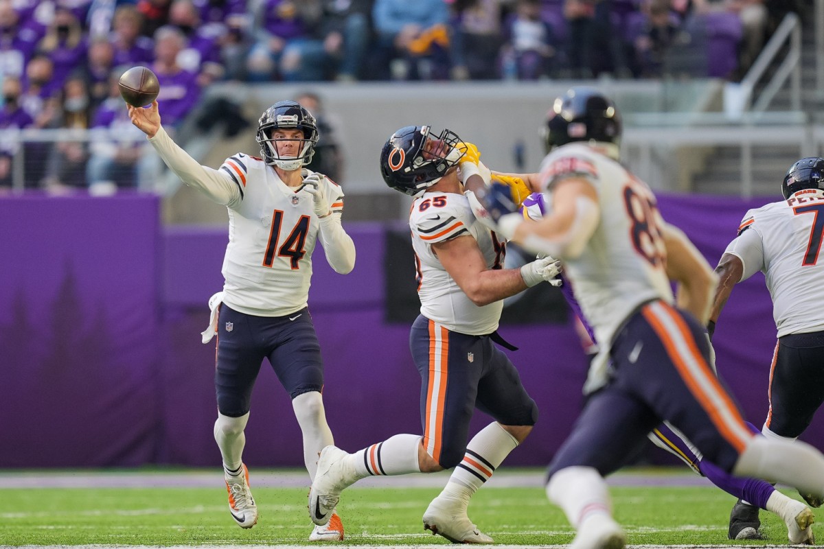 Chicago Bears quarterback Andy Dalton (14) passes against the Minnesota Vikings. Mandatory Credit: Brad Rempel-USA TODAY Sports