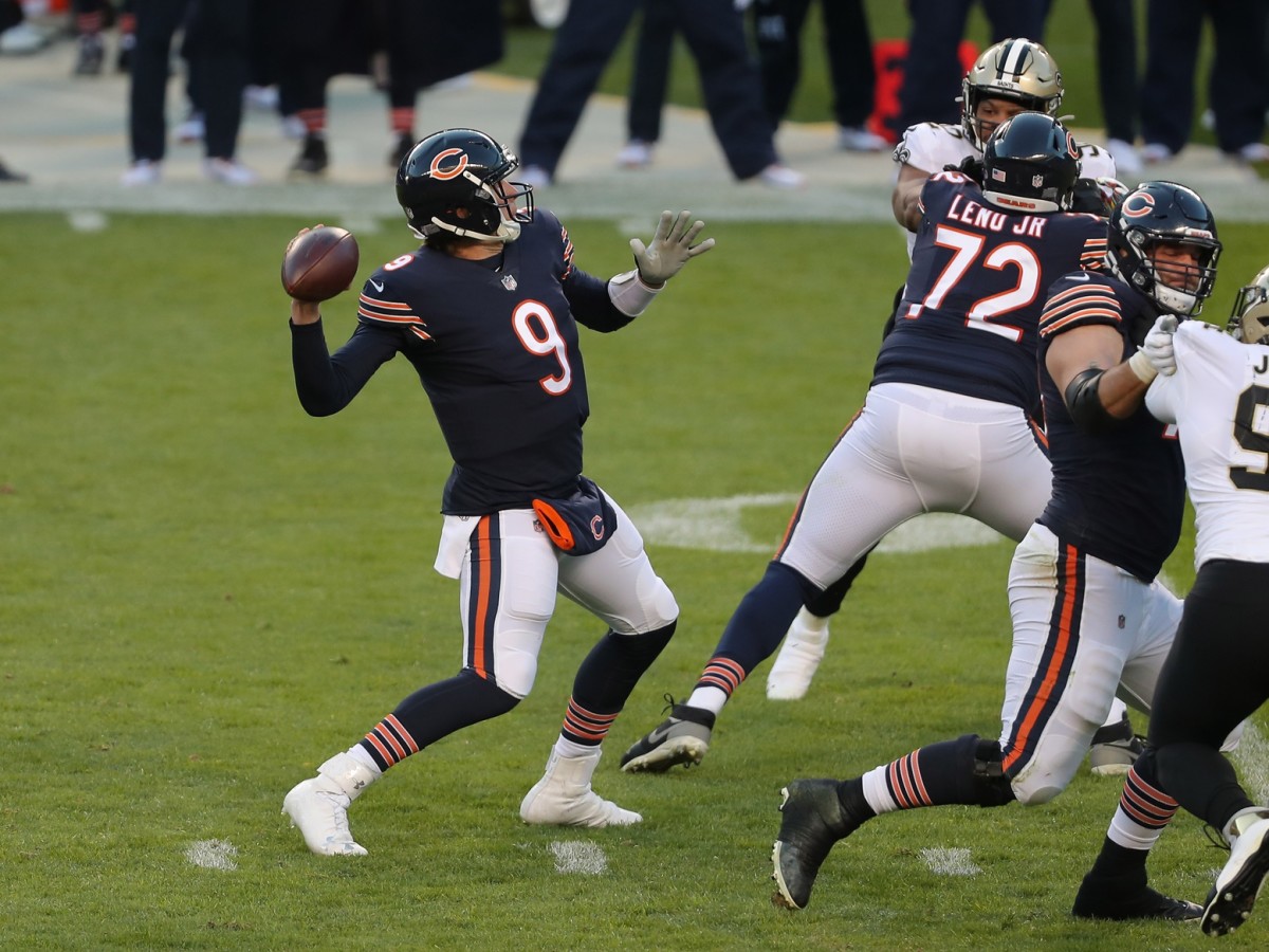 Nov 1, 2020; Chicago Bears quarterback Nick Foles (9) throws a touchdown pass against the New Orleans Saints. Mandatory Credit: Dennis Wierzbicki-USA TODAY 