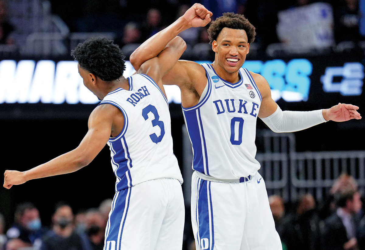 Duke Blue Devils guard Jeremy Roach (3) and forward Wendell Moore Jr. (0) reacts after a play against the Texas Tech Red Raiders during the second half in the semifinals of the West regional in San Francisco. Duke held off the Red Raiders, 78-73.