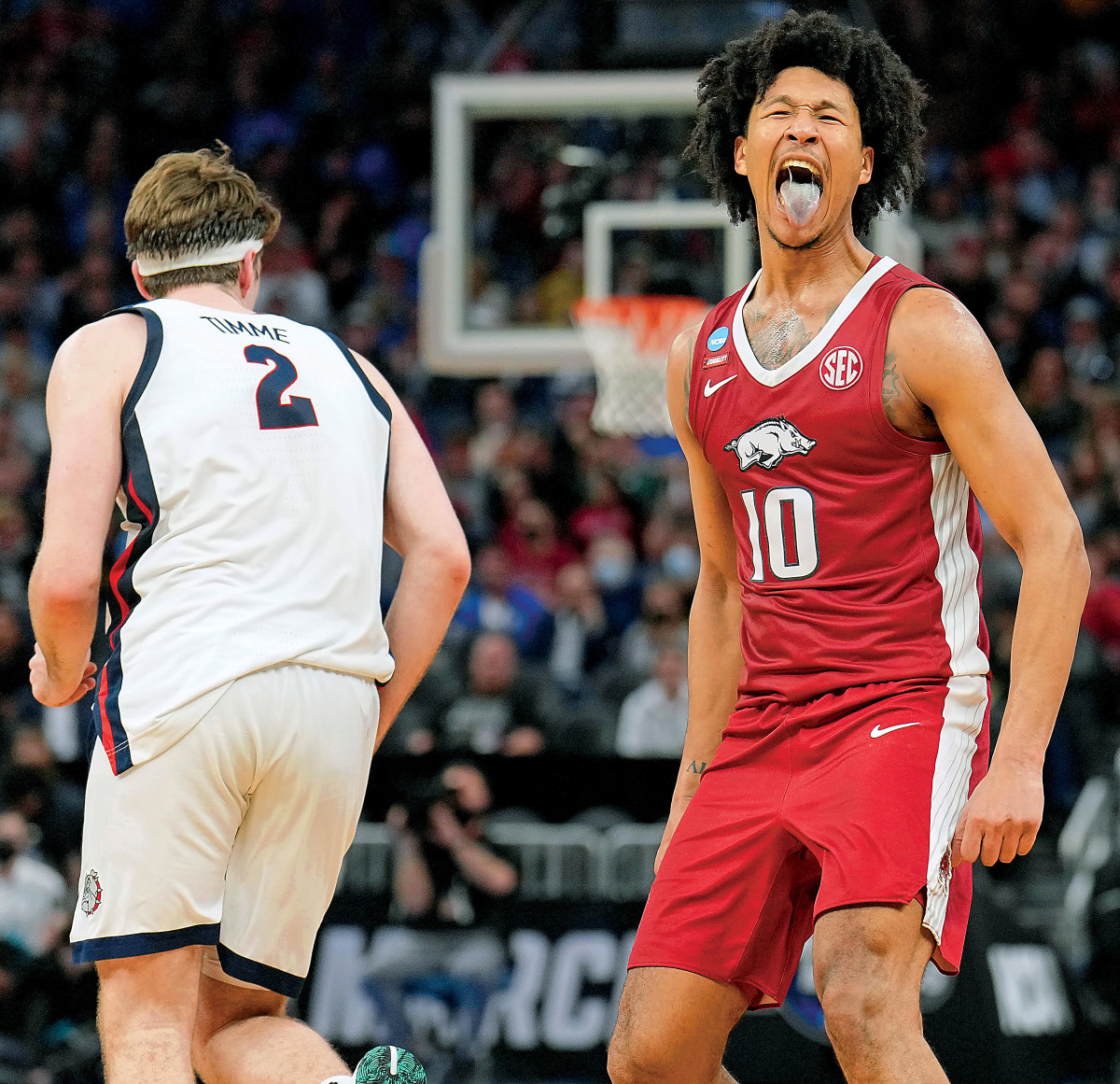 Arkansas Razorbacks forward Jaylin Williams (10) reacts after a play against the Gonzaga Bulldogs during the second half in the semifinals of the West regional in San Francisco. Williams struggled early against Timme, but learned and adapted as the game progressed, leading to Timme's frustration late.