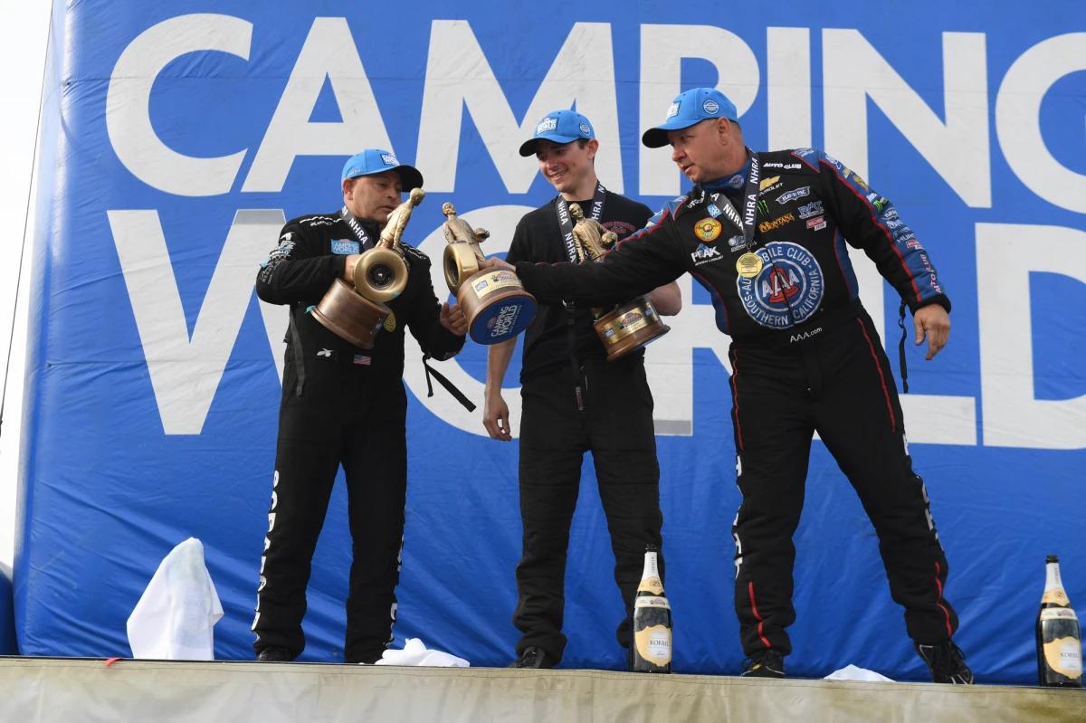 Winners of last month's Arizona Nationals, from left: Mike Salinas (Top Fuel), Aaron Stanfield (Pro Stock) and Robert Hight (Funny Car). Photo courtesy NHRA.
