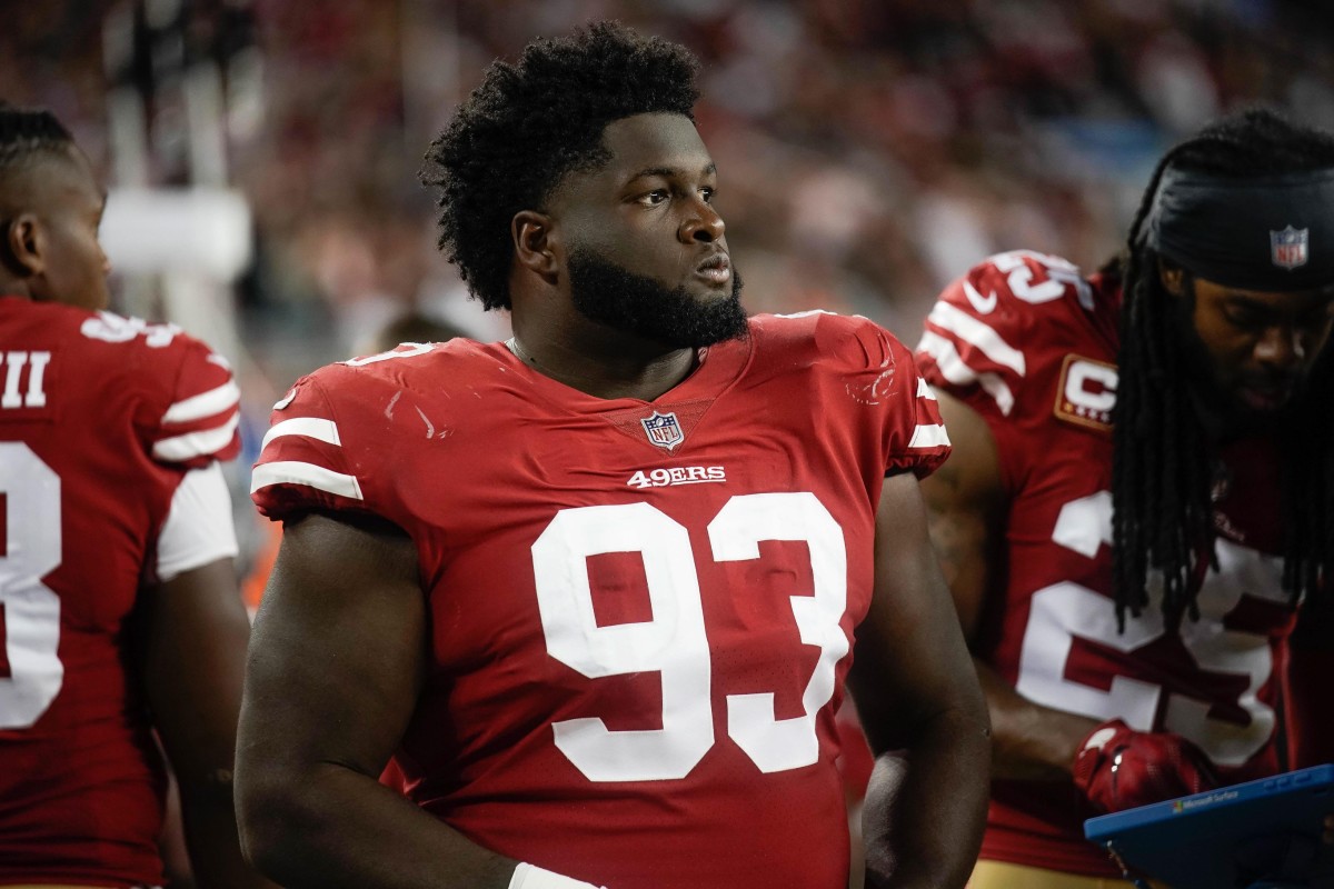 San Francisco 49ers defensive tackle D.J. Jones (93) watches the game against the Oakland Raiders during the third quarter at Levi's Stadium.