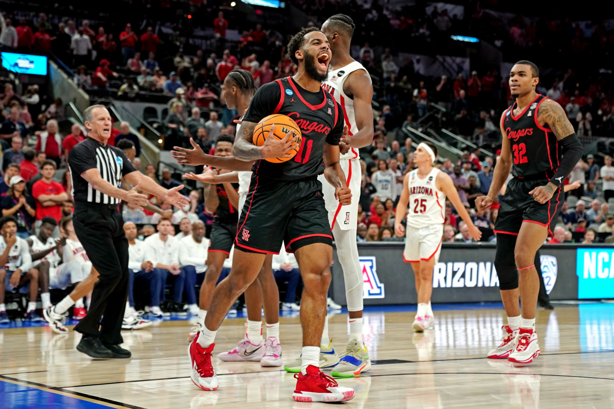 Mar 24, 2022; San Antonio, TX, USA; Houston Cougars guard Kyler Edwards (11) reacts during the second half against the Arizona Wildcats in the semifinals of the South regional of the men's college basketball NCAA Tournament at AT&T Center.