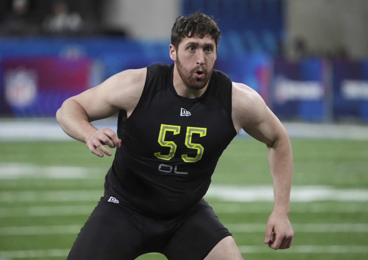 Mar 4, 2022; Indianapolis, IN, USA; North Dakota offensive lineman Matt Waletzko (OL55) goes through drills during the 2022 NFL Scouting Combine at Lucas Oil Stadium. Mandatory Credit: Kirby Lee-USA TODAY Sports