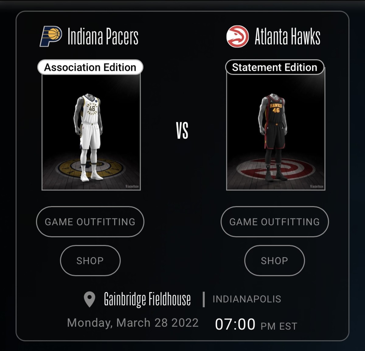 Uniforms worn by the Indiana Pacers and Atlanta Hawks on March 28, 2022.