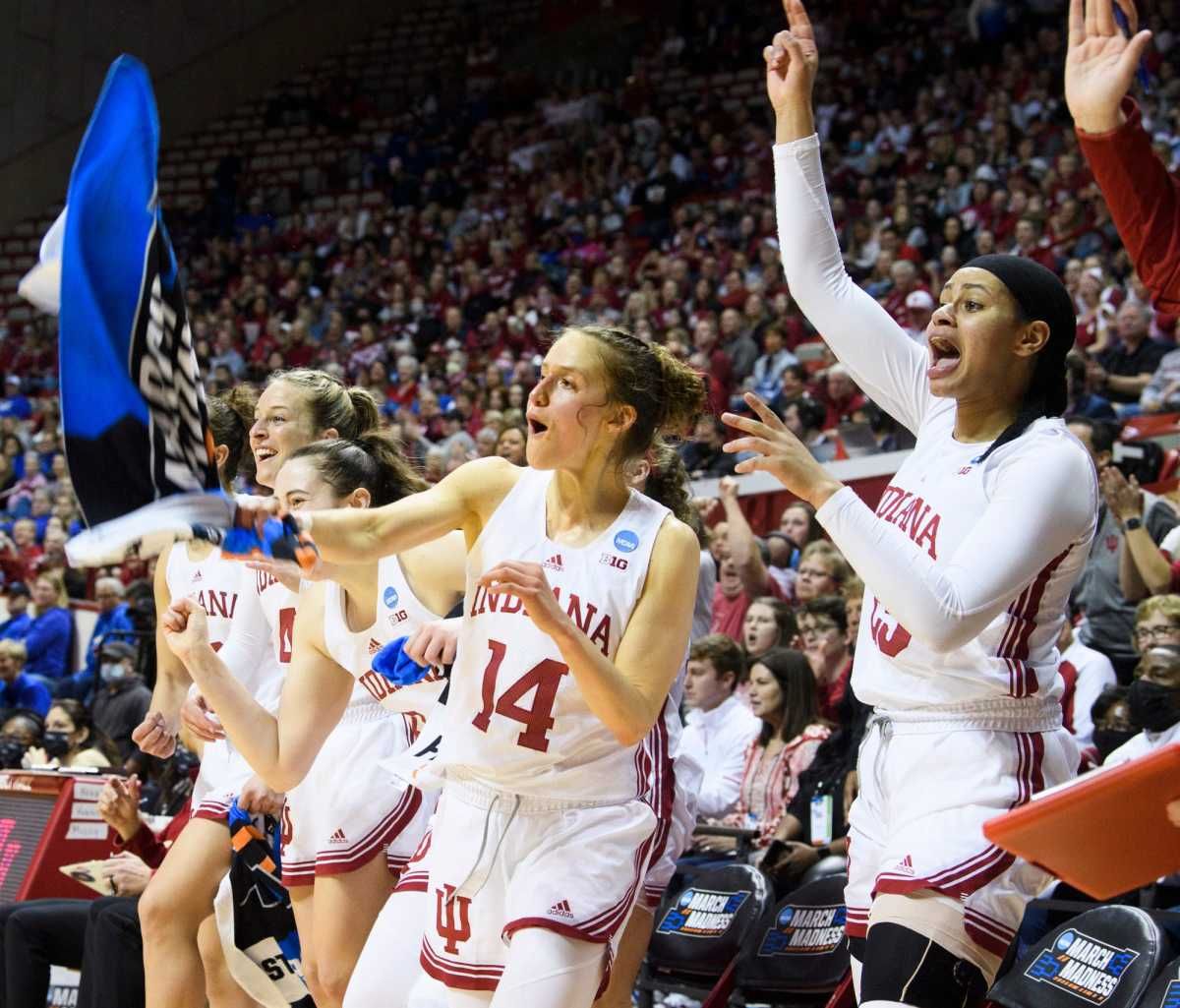 Indiana's bench cheers on its teammates.