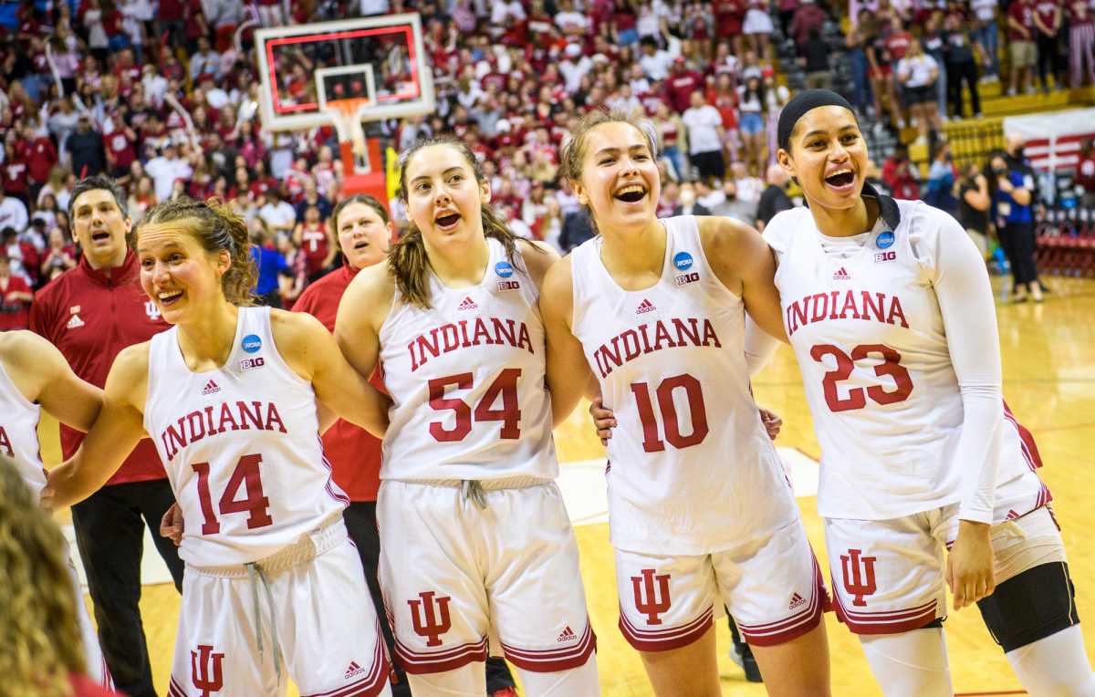 Indiana women's basketball celebrates a win.