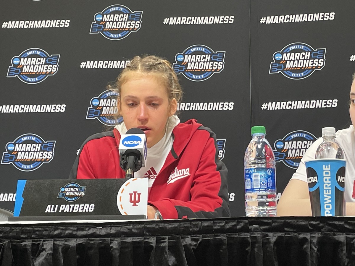 An emotional Ali Patberg meets with that media after the Indiana loss to UConn. It was the final game of her brilliant college career. (Photo by Tom Brew)