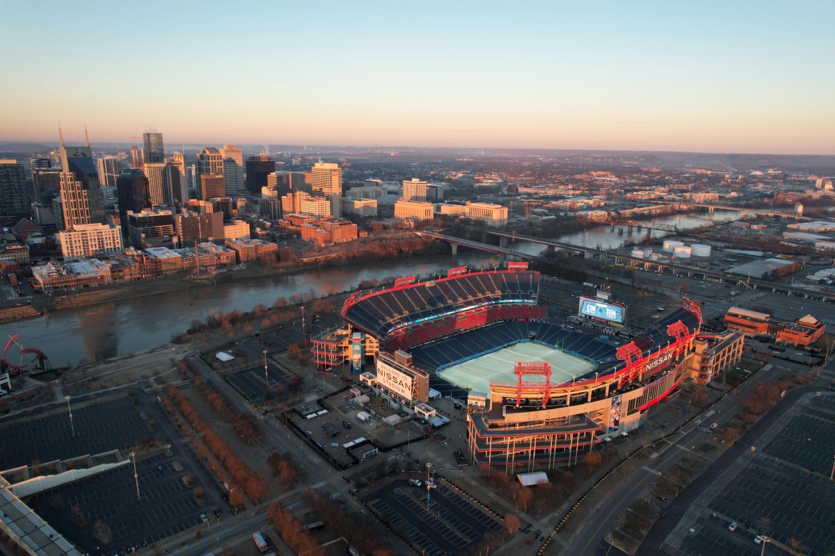 A general overall aerial view of Nissan Stadium and the downtown skyline.