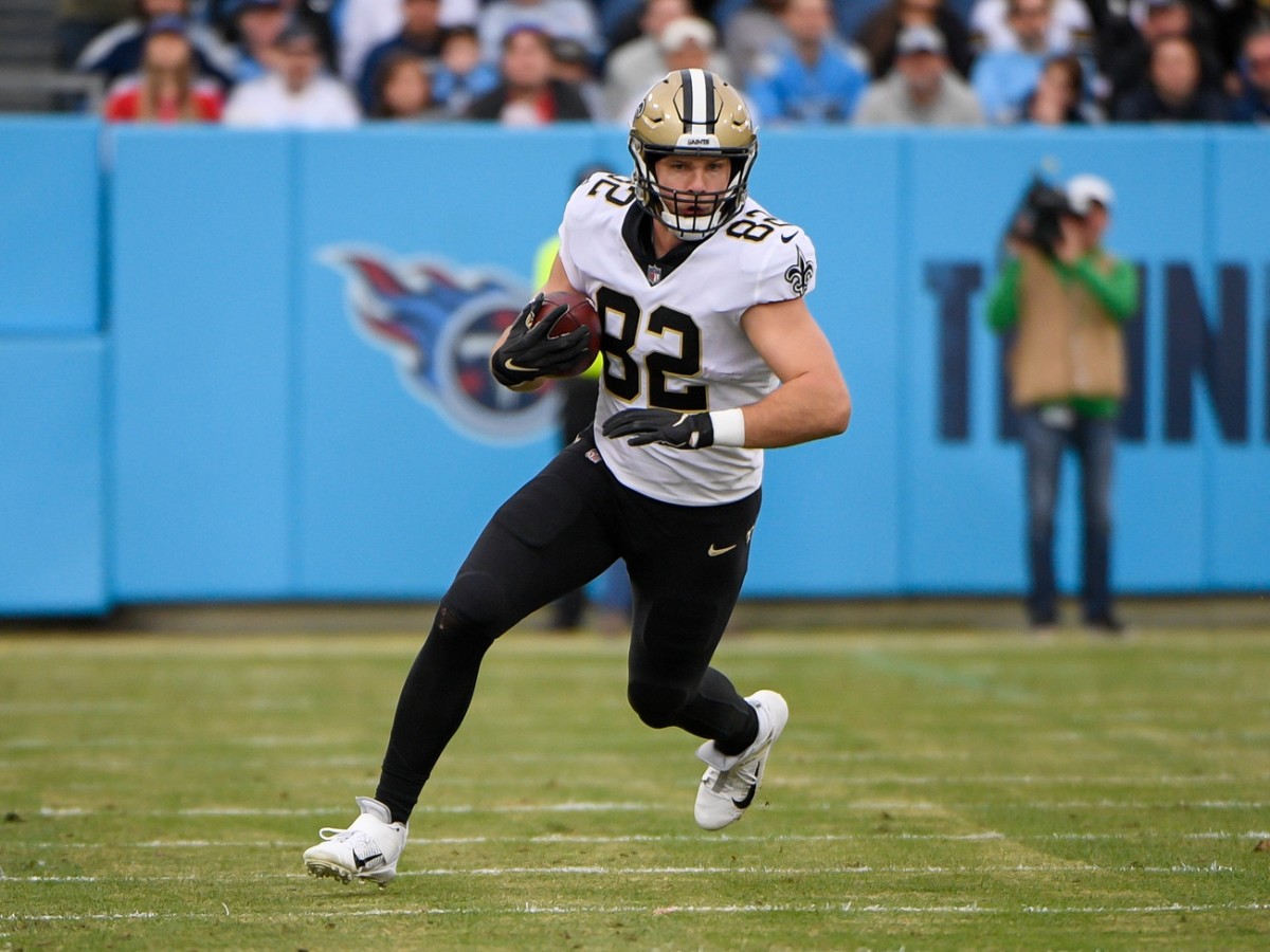 New Orleans Saints tight end Adam Trautman (82) after a catch against the Titans. Mandatory Credit: Steve Roberts-USA TODAY Sports