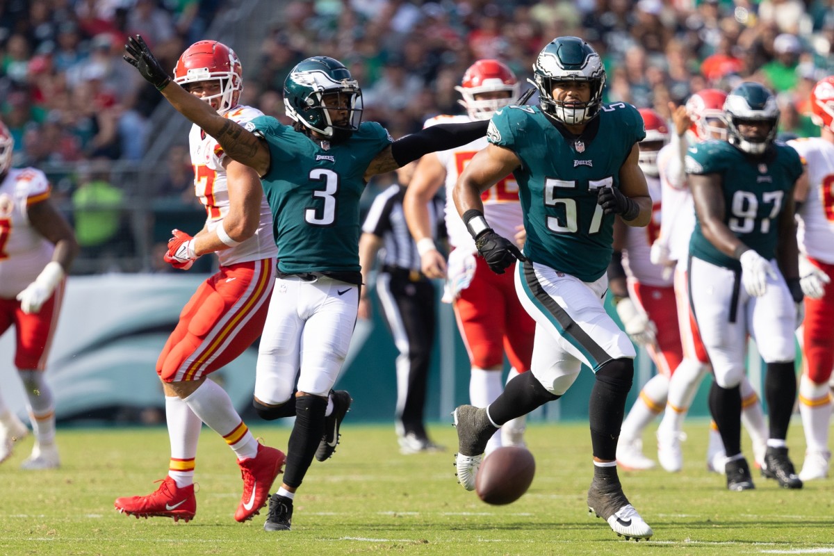 Oct 3, 2021; Philadelphia, Pennsylvania, USA; Philadelphia Eagles cornerback Steven Nelson (3) and linebacker T.J. Edwards (57) react after breaking up a play against the Kansas City Chiefs during the fourth quarter at Lincoln Financial Field. Mandatory Credit: Bill Streicher-USA TODAY Sports