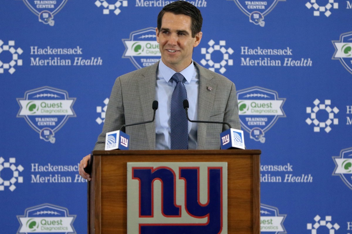 Giants General Manager Joe Schoen is shown seconds before introducing the Giants new head coach, Brian Daboll (not shown), in East Rutherford, NJ. Monday, January 31, 2022.