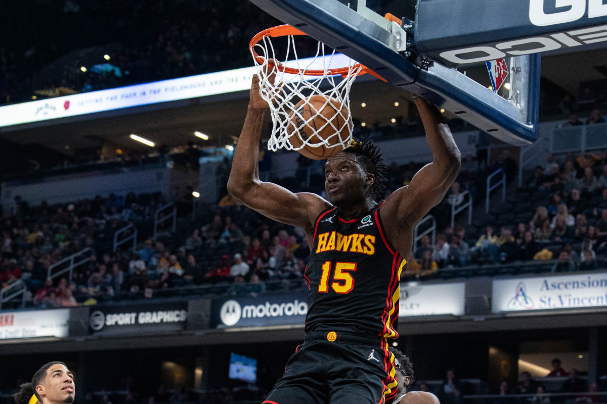 Mar 28, 2022; Indianapolis, Indiana, USA; Atlanta Hawks center Clint Capela (15) slam dunks the ball in the first half against the Indiana Pacers at Gainbridge Fieldhouse.