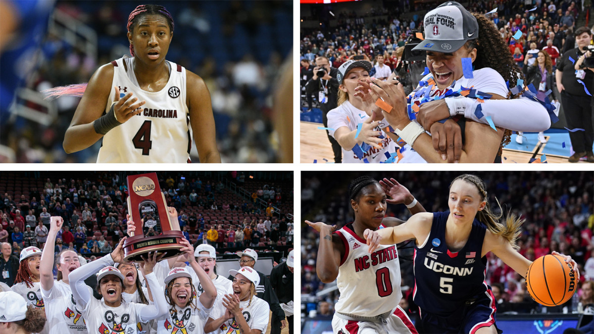 South Carolina’s Aliyah Boston, Stanford’s Haley Jones, Louisville Cardinals team celebration and UConn’s Paige Bueckers