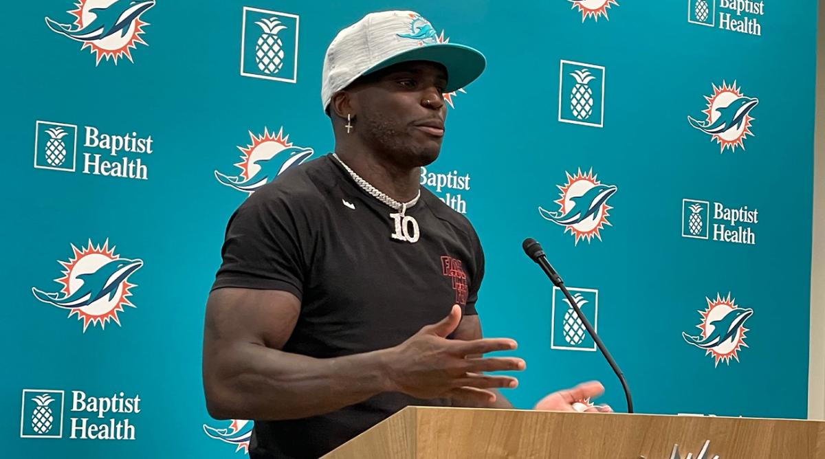 New Dolphins receiver Tyreek Hill speaks at his introductory news conference.