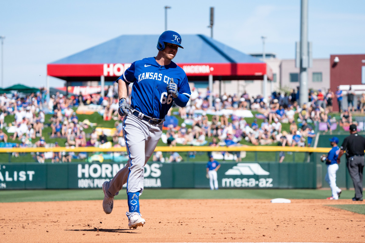 Mar 27, 2022; Mesa, Arizona, USA; Kansas City Royals outfielder Ryan O'Hearn (66) hits a home run in the sixth inning during a spring training game against the Chicago Cubs at Sloan Park. Mandatory Credit: Allan Henry-USA TODAY Sports