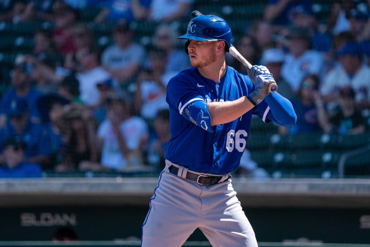 Mar 27, 2022; Mesa, Arizona, USA; Kansas City Royals outfielder Ryan O'Hearn (66) at bat in the first inning during a spring training game against the Chicago Cubs at Sloan Park. Mandatory Credit: Allan Henry-USA TODAY Sports