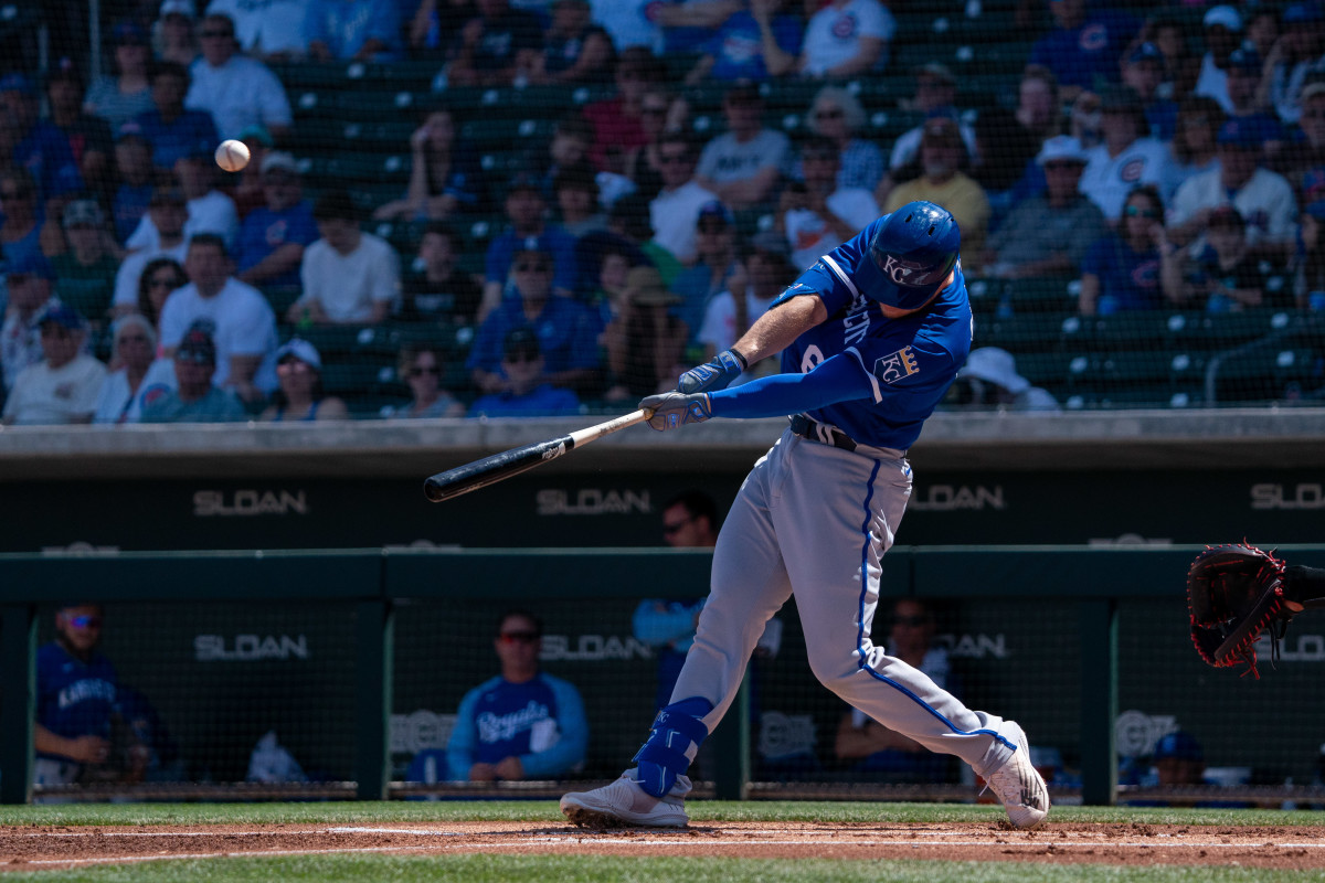 Mar 27, 2022; Mesa, Arizona, USA; Kansas City Royals outfielder Ryan O'Hearn (66) hits a home run in the first inning during a spring training game against the Chicago Cubs at Sloan Park. Mandatory Credit: Allan Henry-USA TODAY Sports