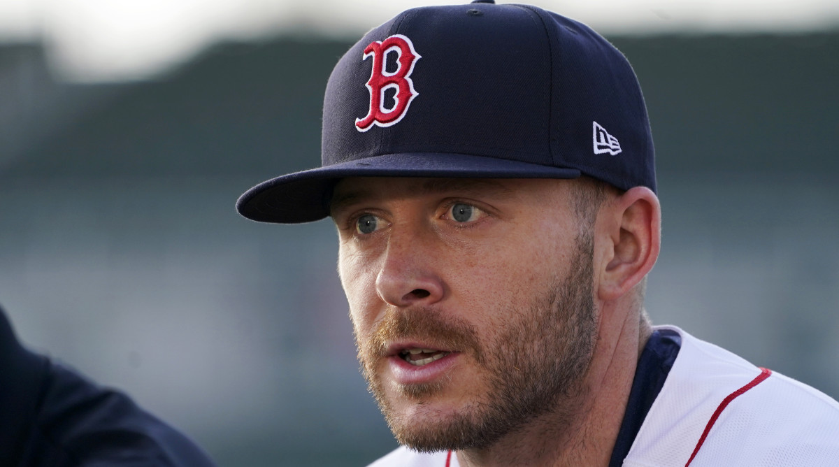 New Boston Red Sox shortstop Trevor Story speaks to the media during a baseball press conference at JetBlue Park Wednesday, March 23, 2022, in Fort Myers, Fla.