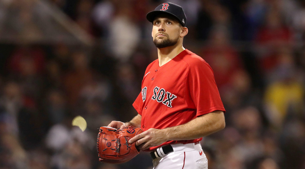 Oct 19, 2021; Boston, Massachusetts, USA; Boston Red Sox starting pitcher Nathan Eovaldi (17) walks off of the field during the ninth inning of game four of the 2021 ALCS against the Houston Astros at Fenway Park.