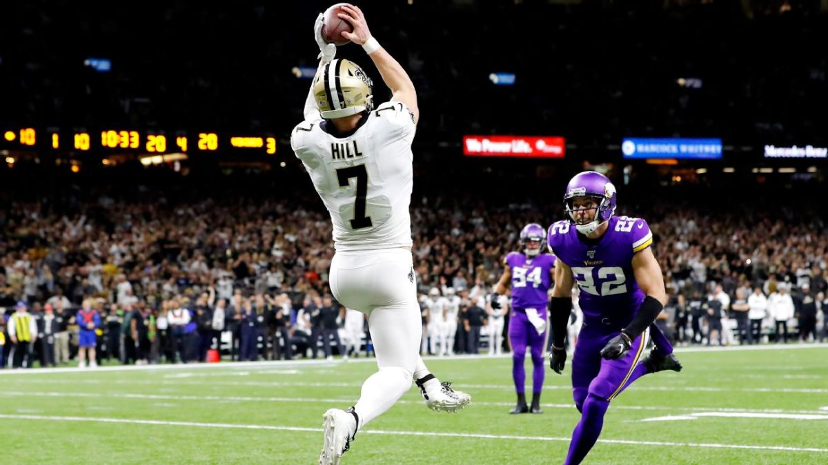 New Orleans Saints Taysom Hill (7) catches a touchdown against the Minnesota Vikings. Credit: ESPN.com