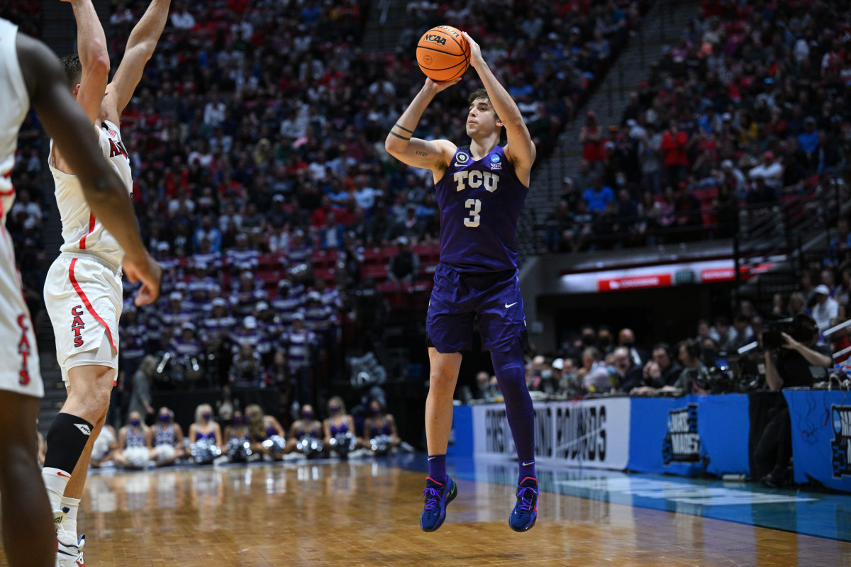 Mar 20, 2022; San Diego, CA, USA; TCU Horned Frogs guard Francisco Farabello (3) shoots against the Arizona Wildcats in the first half during the second round of the 2022 NCAA Tournament at Viejas Arena. Mandatory Credit: Orlando Ramirez-USA TODAY Sports