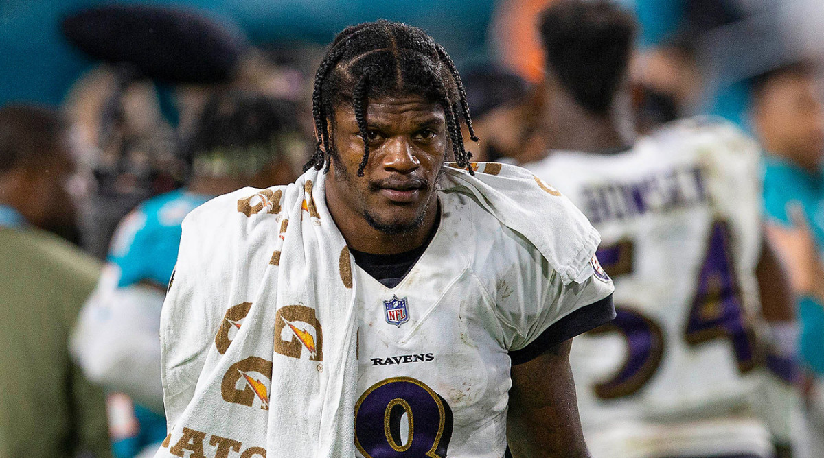 Lamar Jackson with the Ravens after losing to the Dolphins.