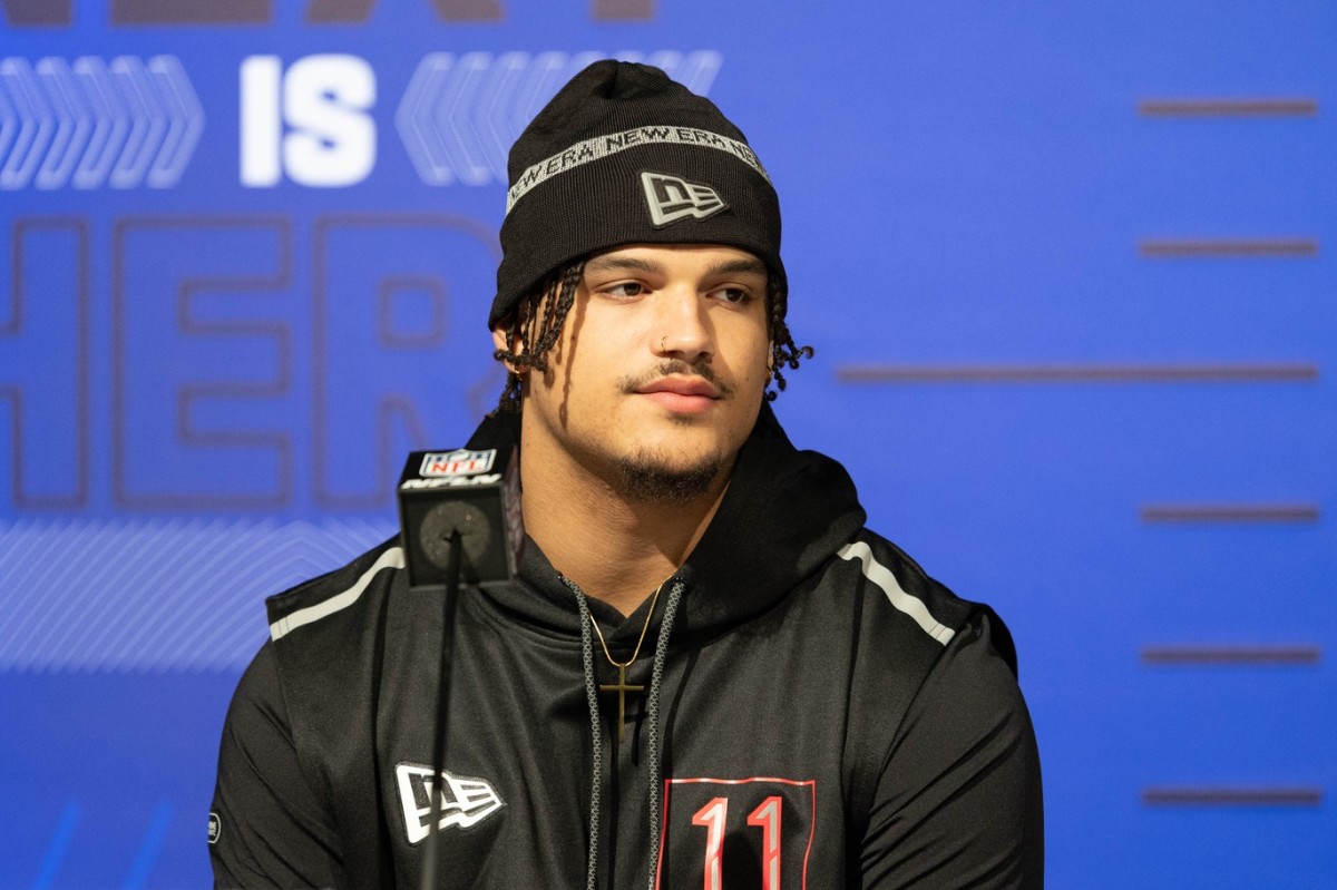 Houston defensive lineman Logan Hall conducts interview at NFL Combine