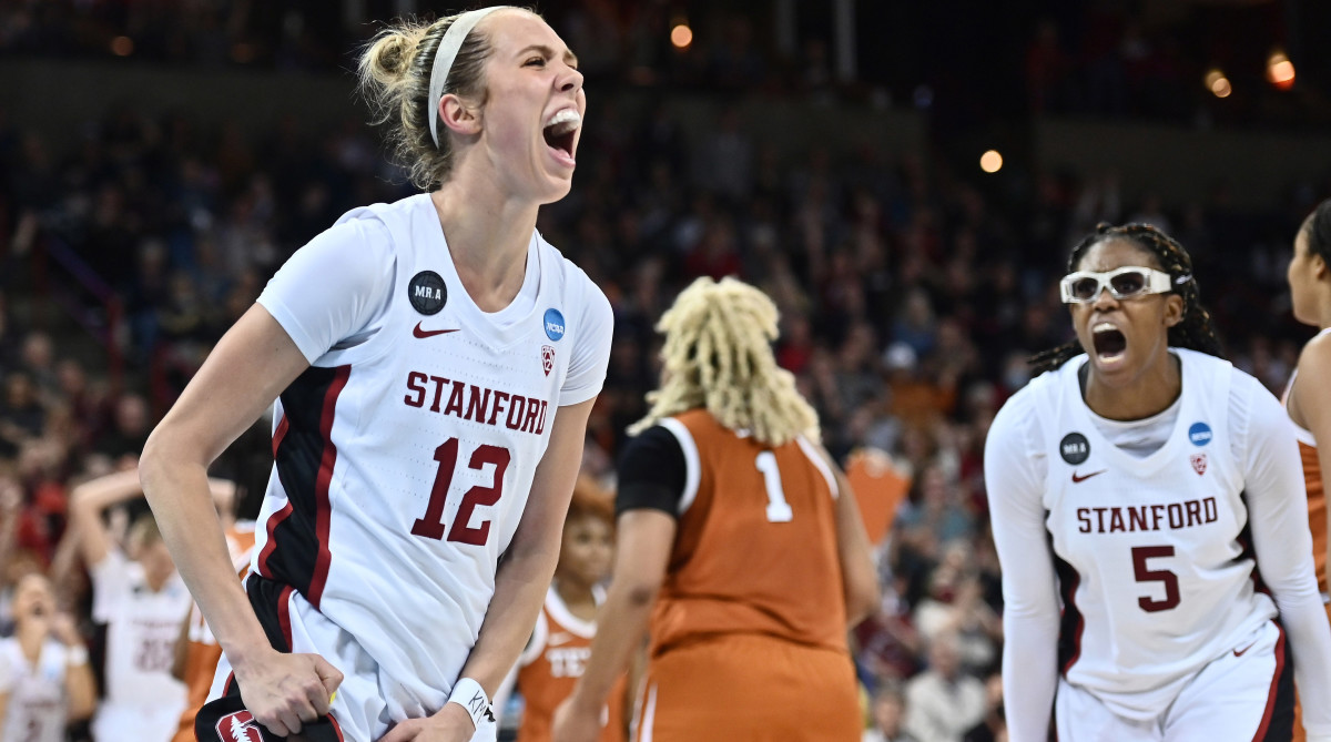 Stanford Cardinal guard Lexie Hull (12) celebrates a basket and foul against the Texas Longhorns in the Spokane regional finals of the women’s college basketball NCAA Tournament at Spokane Veterans Memorial Arena.
