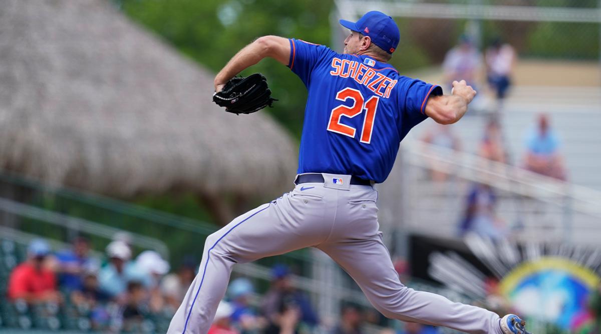 New York Mets’ Max Scherzer pitches in the third inning of a spring training baseball game against the Miami Marlins, Monday, March 21, 2022, in Jupiter, Fl.