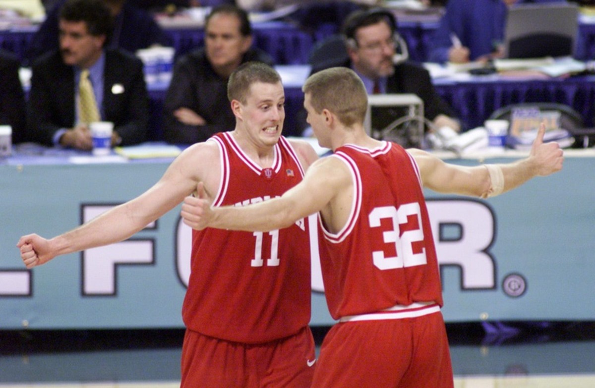 Indiana's Dane Fife (left) and Kyle Hornsby celebrate in the closing minutes of the Hoosiers' win over Oklahoma at the 2002 Final Four, advancing to the championship game. (USA TODAY Sports)