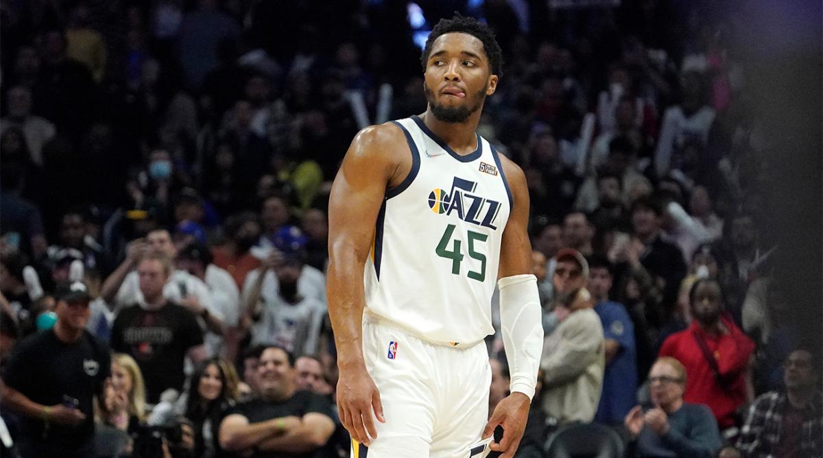 Utah Jazz guard Donovan Mitchell stands on the court after being called for a technical foul for attempting to call a timeout when the Jazz had none left during the second half of an NBA basketball game against the Los Angeles Clippers Tuesday, March 29, 2022, in Los Angeles.