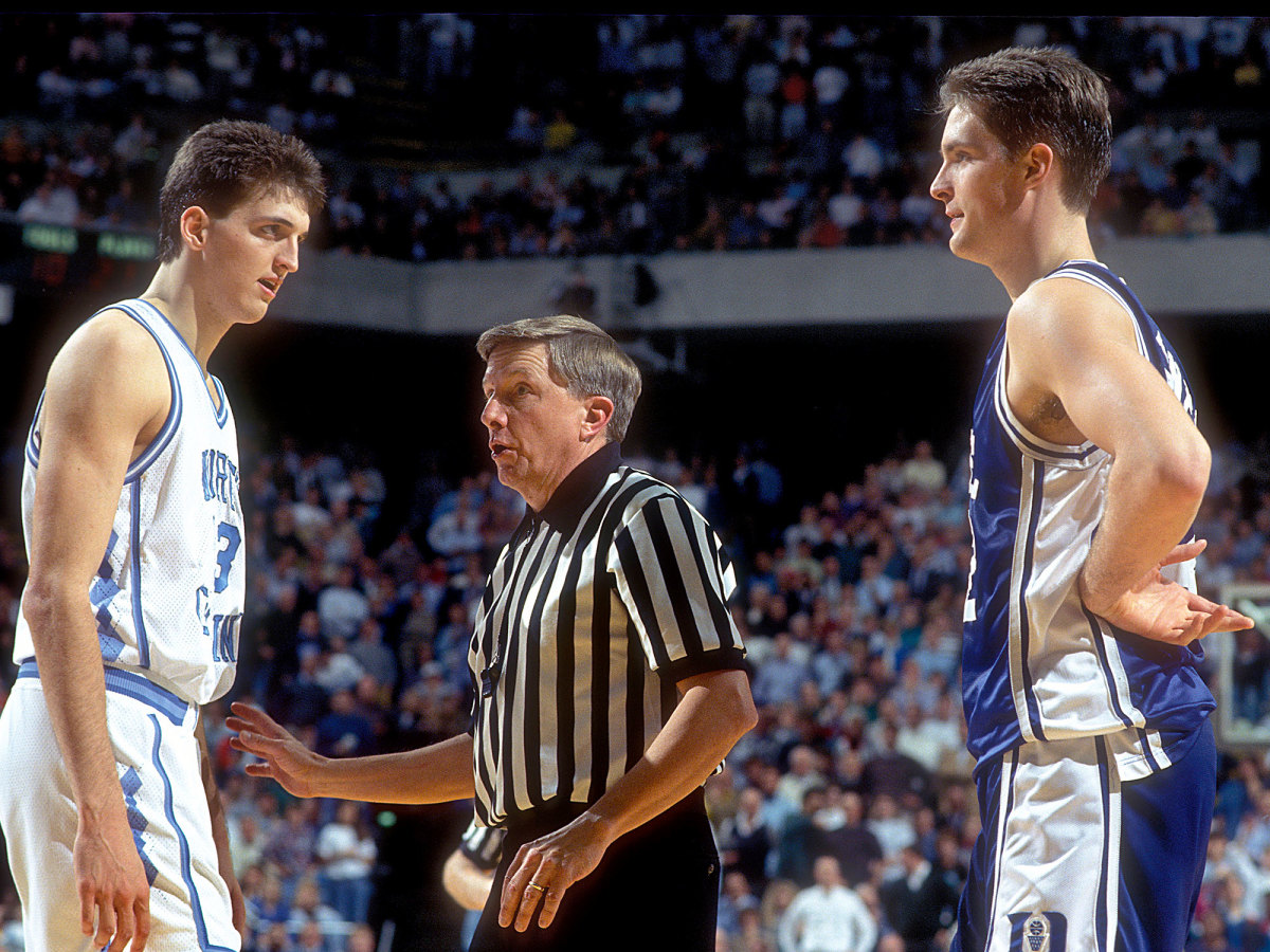 UNC’s Eric Montross looks at Duke’s Christian Laettner