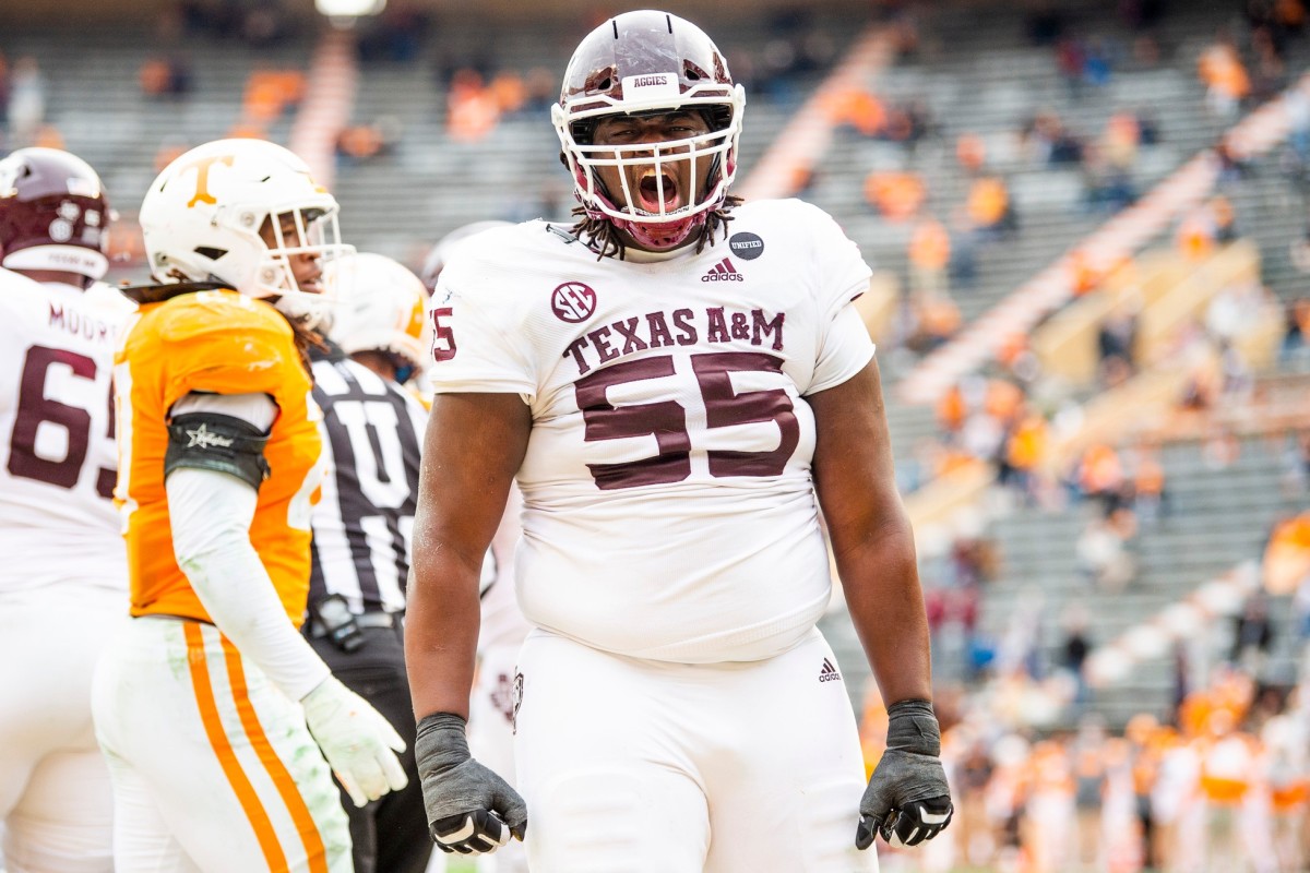 Texas A&M offensive lineman Kenyon Green (55) celebrates a touchdown scored by a teammate during a SEC game between the Tennessee Volunteers and the Texas A&M Aggies held at Neyland Stadium in Knoxville, Tenn., on Saturday, December 19, 2020. Kns Vols Football Texas A M Bp