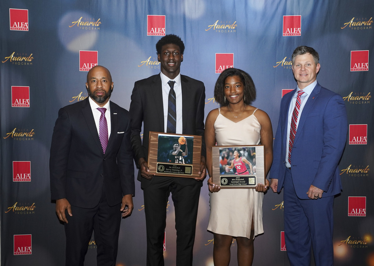 Mr Basketball Barry Dunning Jr of McGill-Toolin and Miss basketball Samiya Steele receive their plaque from AHSAA assistant director Brandon Dean (far-left) and ALFA representative Matt Cobb during the ASWA Mr. & Miss Basketball Banquet at the Renaissance Montgomery Hotel & Spa at the Convention Center in Montgomery, Ala., on Thursday, March. 31, 2022.