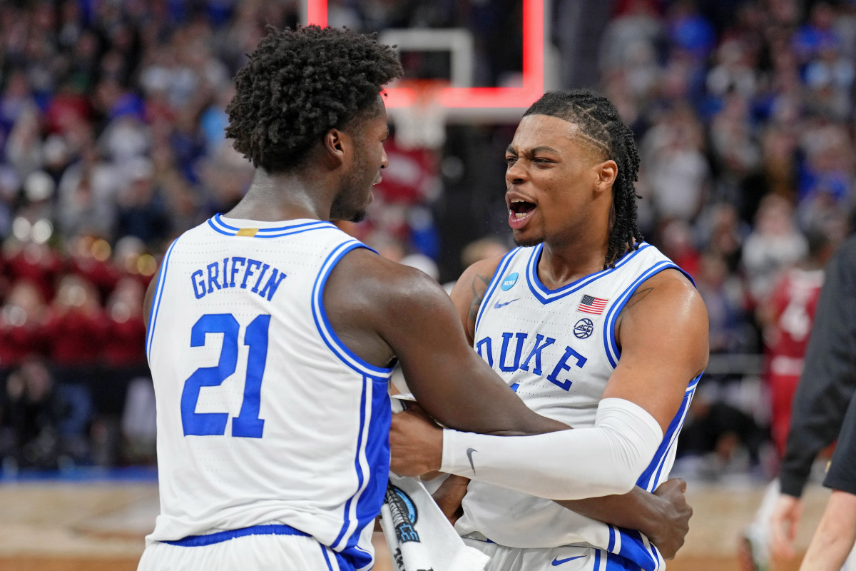 Mar 26, 2022; San Francisco, CA, USA; Duke Blue Devils guard Trevor Keels (1) hugs forward AJ Griffin (21) after their win over the Arkansas Razorbacks during the second half in the finals of the West regional of the men's college basketball NCAA Tournament at Chase Center. The Duke Blue Devils won 78-69. Mandatory Credit: Kelley L Cox-USA TODAY Sports