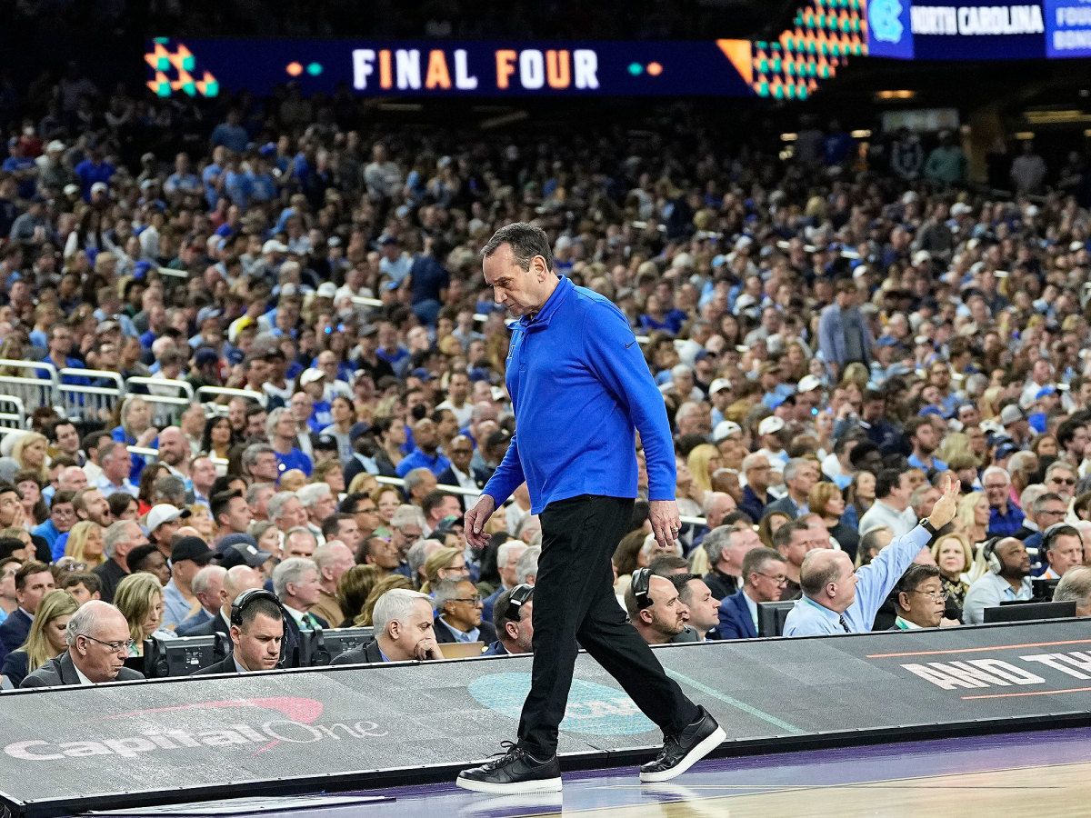 Coach K walks on the sideline during the Final Four