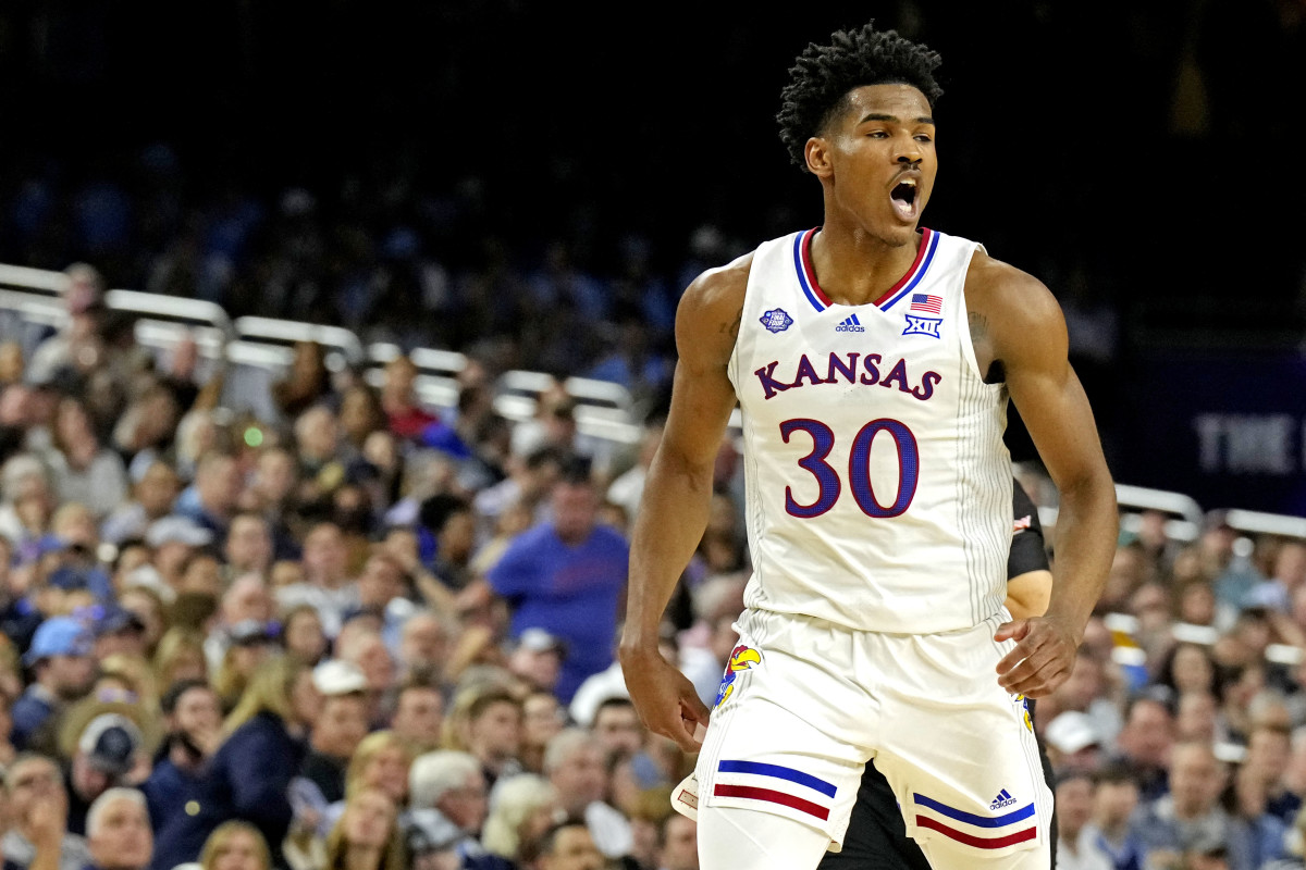 Apr 2, 2022; New Orleans, LA, USA; Kansas Jayhawks guard Ochai Agbaji (30) reacts after a play against the Villanova Wildcats in the 2022 NCAA men's basketball tournament Final Four semifinals at Caesars Superdome. Mandatory Credit: Robert Deutsch-USA TODAY Sports