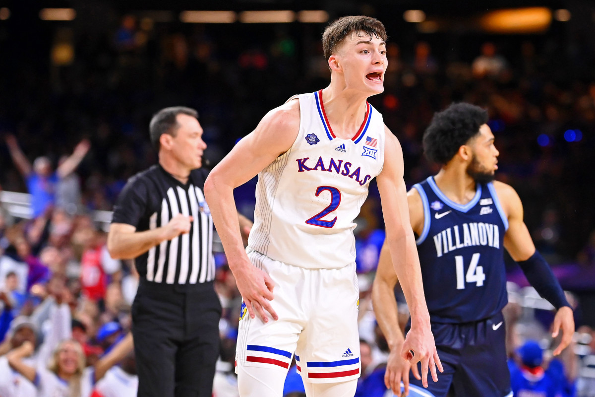 Apr 2, 2022; New Orleans, LA, USA; Kansas Jayhawks guard Christian Braun (2) reacts after making a three point basket against the Villanova Wildcats during the second half during the 2022 NCAA men's basketball tournament Final Four semifinals at Caesars Superdome. Mandatory Credit: Bob Donnan-USA TODAY Sports