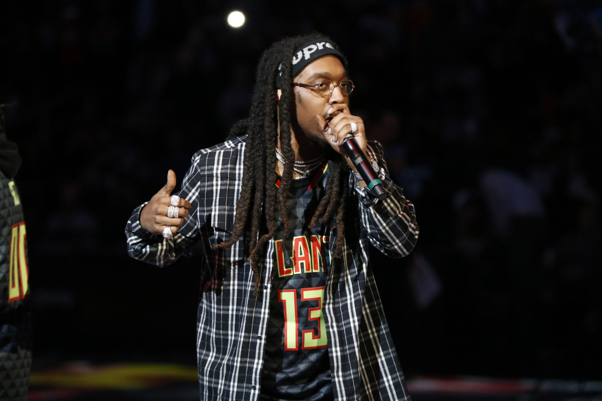 Mar 16, 2017; Atlanta, GA, USA; Takeoff from the hip-hop group Migos performs during halftime of a game between the Memphis Grizzlies and Atlanta Hawks at Philips Arena.