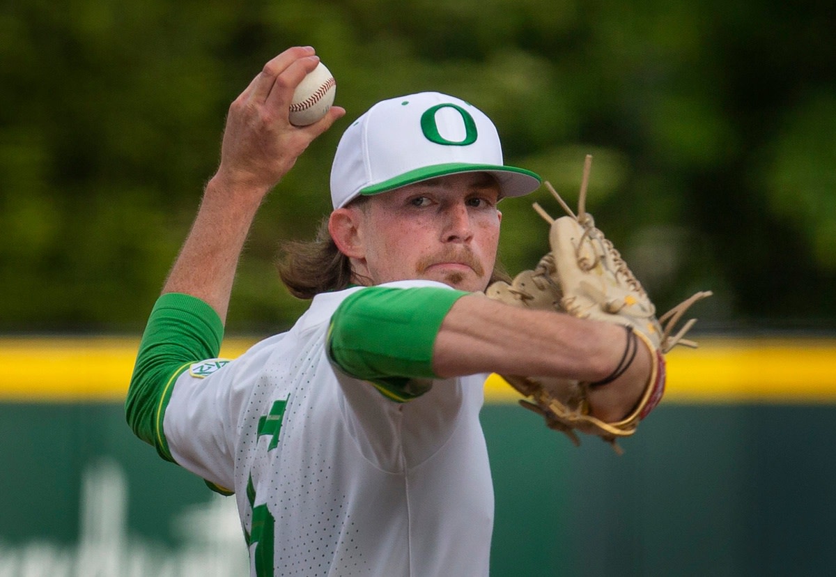 Oregon's Robert Ahlstrom pitches against Stanford in the first game of their series at PK Park in Eugene Friday night.