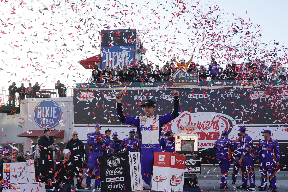 Denny Hamlin celebrates after winning the Toyota Owners 400 at Richmond Raceway. (Photo by Jacob Kupferman/Getty Images)
